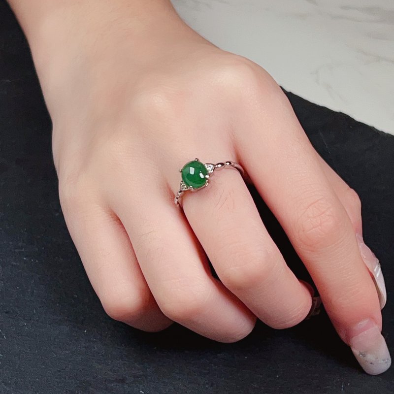 Ice green jade cabochon ring 925 sterling silver | Natural Burmese jade A grade jade | Gift giving - แหวนทั่วไป - หยก สีเขียว