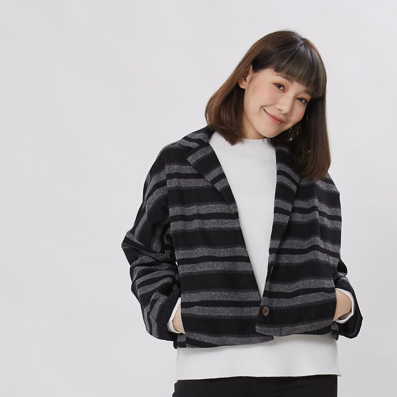 Nicole Lapel Cropped Marine Stripe Jacket/ dark grey stripe - Women's Casual & Functional Jackets - Wool Gray