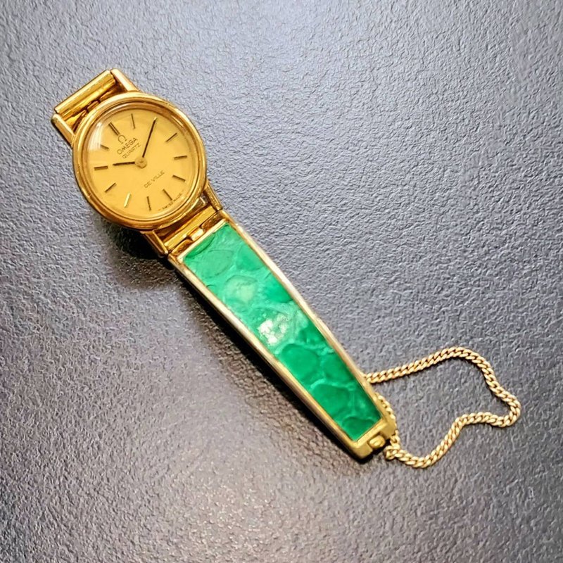 瑞士 歐米茄 Omega 金色圓型石英古董女錶 鱷魚壓紋皮革金屬錶帶 - 女錶 - 其他金屬 金色