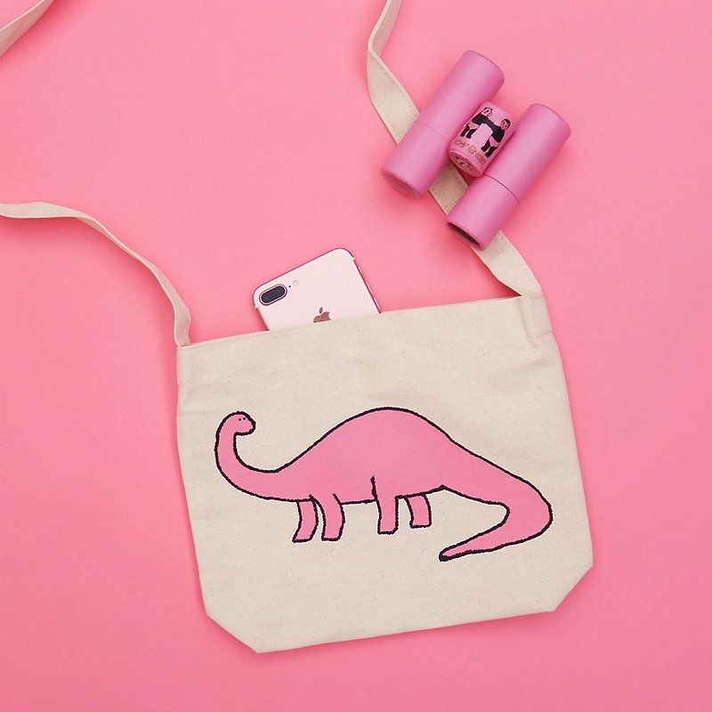 Pink Dinosaur Crossbody Bag / Hand Print - กระเป๋าแมสเซนเจอร์ - ผ้าฝ้าย/ผ้าลินิน สึชมพู