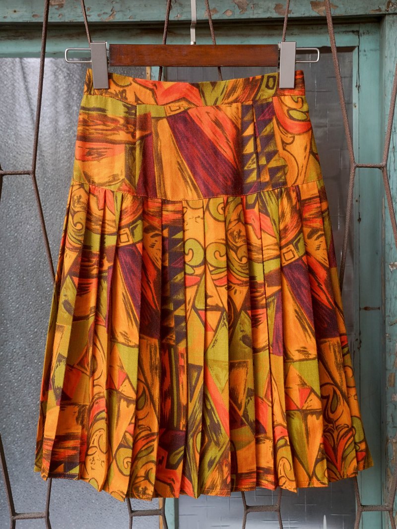 Pure Love Department Store | Vintage | Vintage Skirt | Geometric Persimmon Colored Skirt | SL.0070 - กระโปรง - เส้นใยสังเคราะห์ สีส้ม