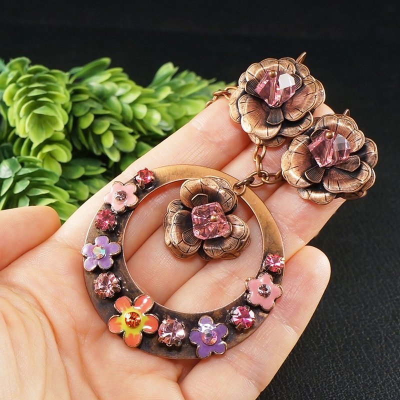 Necklace and Earrings Pink Swarovski Crystal Enamel Flower Copper Jewelry Set - 項鍊 - 水晶 粉紅色
