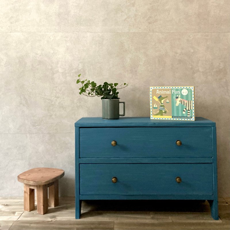 Chest Blue Antique Style Wooden Shelf Four Legs Fashionable Living Room Storage 2 Drawers Cabinet Scandinavian Clothes Storage - ตู้เสื้อผ้า - ไม้ สีน้ำเงิน