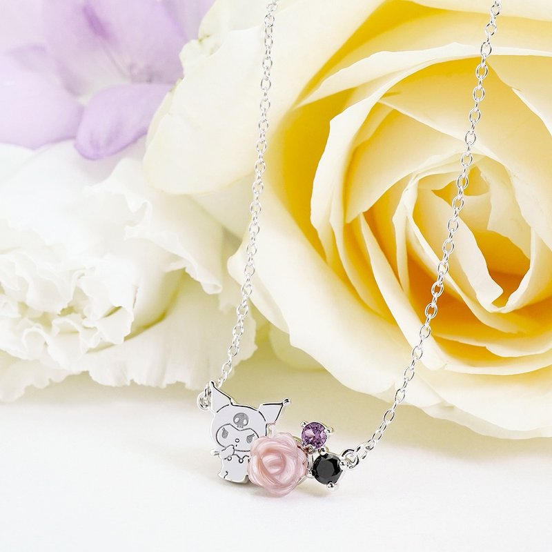 Kuromi & MyMelody Flower Series-Kuromi Pearl Flower Sterling Silver Necklace - สร้อยคอ - เงินแท้ สีเงิน