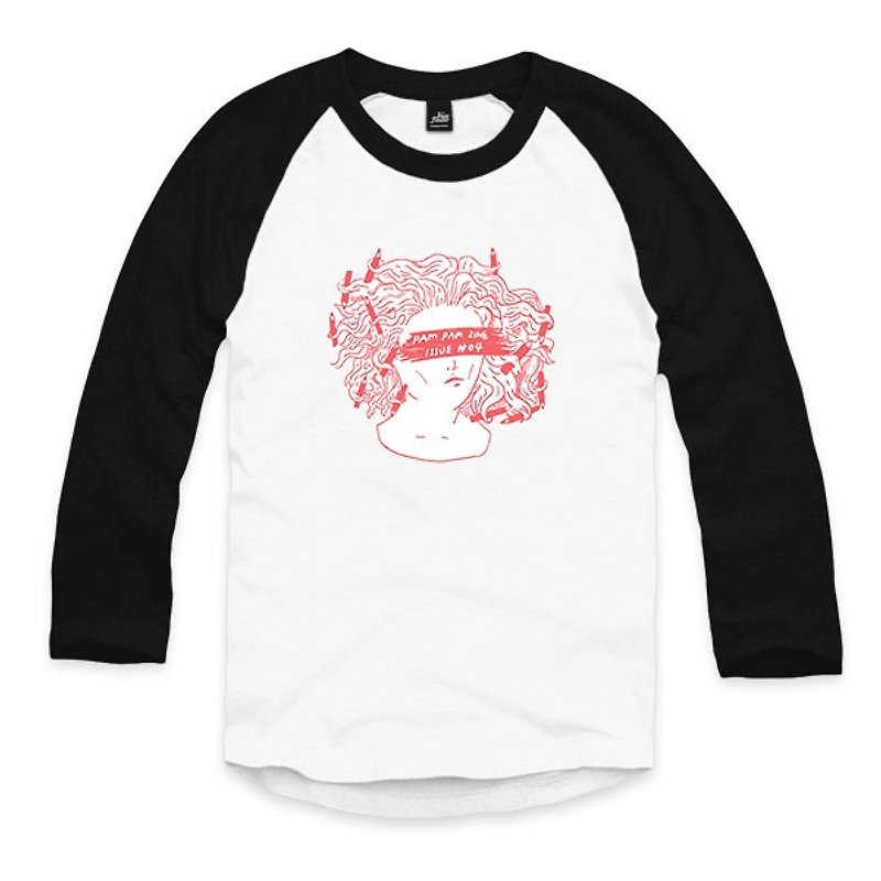 鉛筆杜莎- 粉紅 - 白/黑 - 七分袖棒球T恤 - 男 T 恤 - 棉．麻 白色