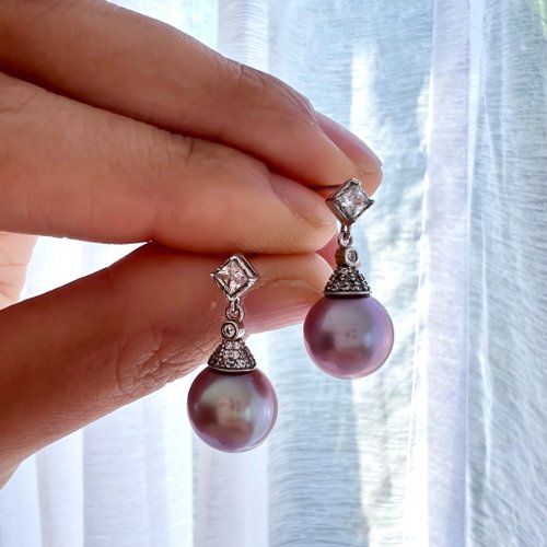Ellajo Bijoux 復古設計天然絢彩紫色圓形珍珠耳環