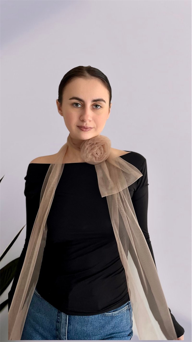 Mocha Mousse Tulle Flower Choker Necklace * Mocha Rose Choker Tulle Sheer Scarf - 絲巾 - 其他材質 咖啡色