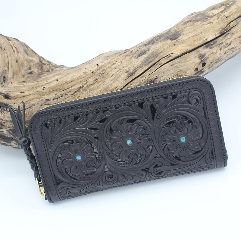 Carving Wallet NoahGrandFiligree(Black) Made in JAPAN craft Turquoise basket - Wallets - Genuine Leather Black