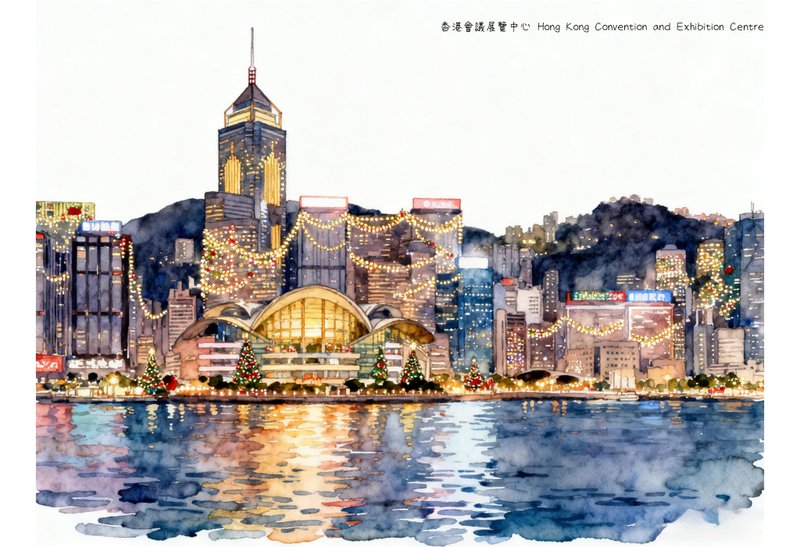 木蒔導賞 手繪明信片 - 香港會議展覽中心 - 卡片/明信片 - 紙 多色