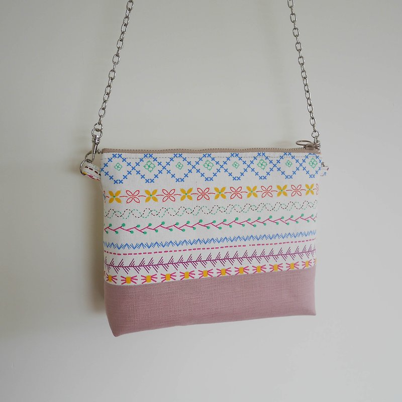 Pink Totem Contrast Color Zipper Bag - กระเป๋าแมสเซนเจอร์ - ผ้าฝ้าย/ผ้าลินิน สึชมพู