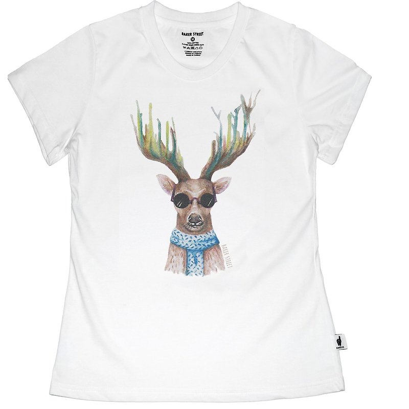 British Fashion Brand -Baker Street- Cool Deer Printed T-shirt - เสื้อยืดผู้หญิง - ผ้าฝ้าย/ผ้าลินิน ขาว