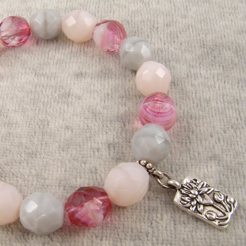 Pink Fuchsia Czech Glass Silver Lotus Charm Boho Beaded Stretch Bracelet Jewelry - 手鍊/手環 - 玻璃 粉紅色