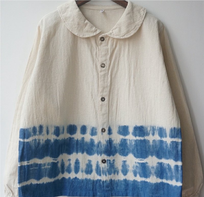 【手染めリネンブルー】小さなドールカラーのロングシャツ 3色展開 - トップス - コットン・麻 ブルー