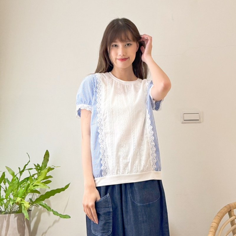 Hana Mokuba round neck hollow lace patchwork plaid top - เสื้อผู้หญิง - วัสดุอื่นๆ 