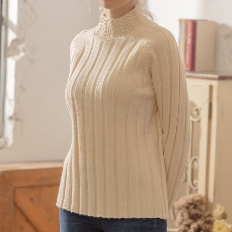 釘珠坑條微高領毛衣   米白 - 女毛衣/針織衫 - 聚酯纖維 白色