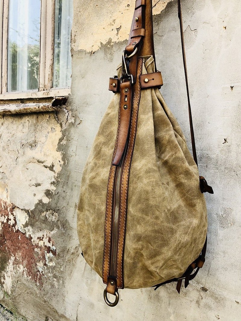 Sling Backpack Leather Canvas Backpack Sling Bag Women Bag Men Bag Crossbody Bag - Messenger Bags & Sling Bags - Genuine Leather Brown