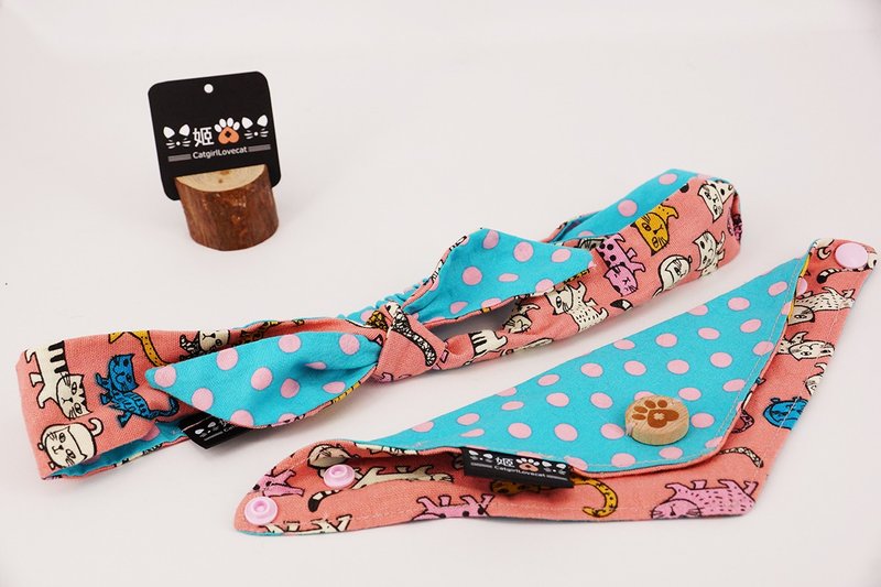 Master and servant flash-cat hit dot column (Peach cat print + blue pink dot) - Clothing & Accessories - Cotton & Hemp Pink