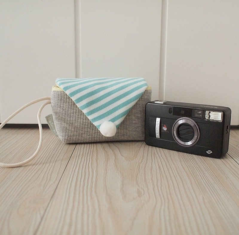 馬卡龍簡約相機包手提款-灰+水青條(相機/行動電源/拍立得) - 相機袋 - 棉．麻 灰色