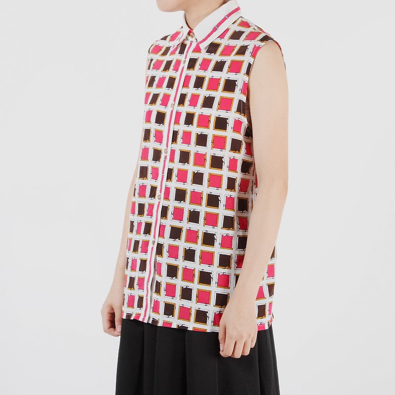 (Egg plants vintage) locks Disi printing sleeveless vintage shirt - Women's Shirts - Polyester Multicolor