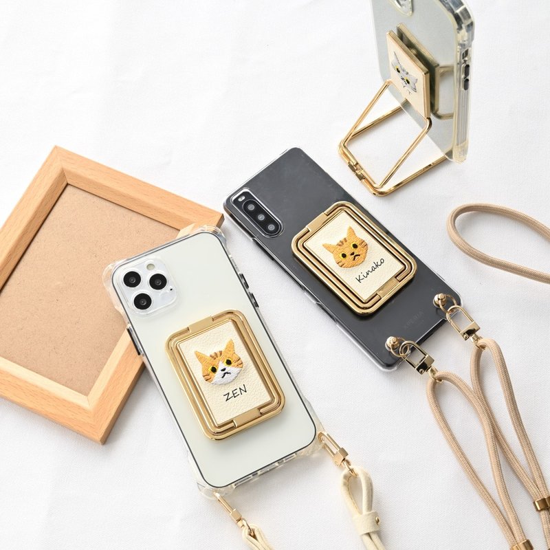 多機能リング クリアケース ストラップ付 【 刺繍 猫 名入れ 】 スマホショルダー スマホリング スマホスタンド 縦動画 横動画 名入れ無料 A248I - 手機/平板支架 - 人造皮革 咖啡色