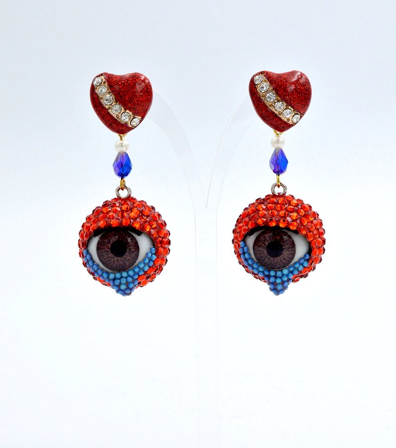 Red Swarovski Crystal Eyeball Earrings Clip-On Tearing Blue Opal Stone 22MM Diameter - Earrings & Clip-ons - Crystal Red