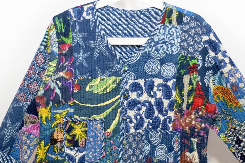 木刻印純棉外套 印度棉有機棉 手工蓋印拼接長袖棉外套-揮灑烈愛 - 女大衣/外套 - 棉．麻 多色