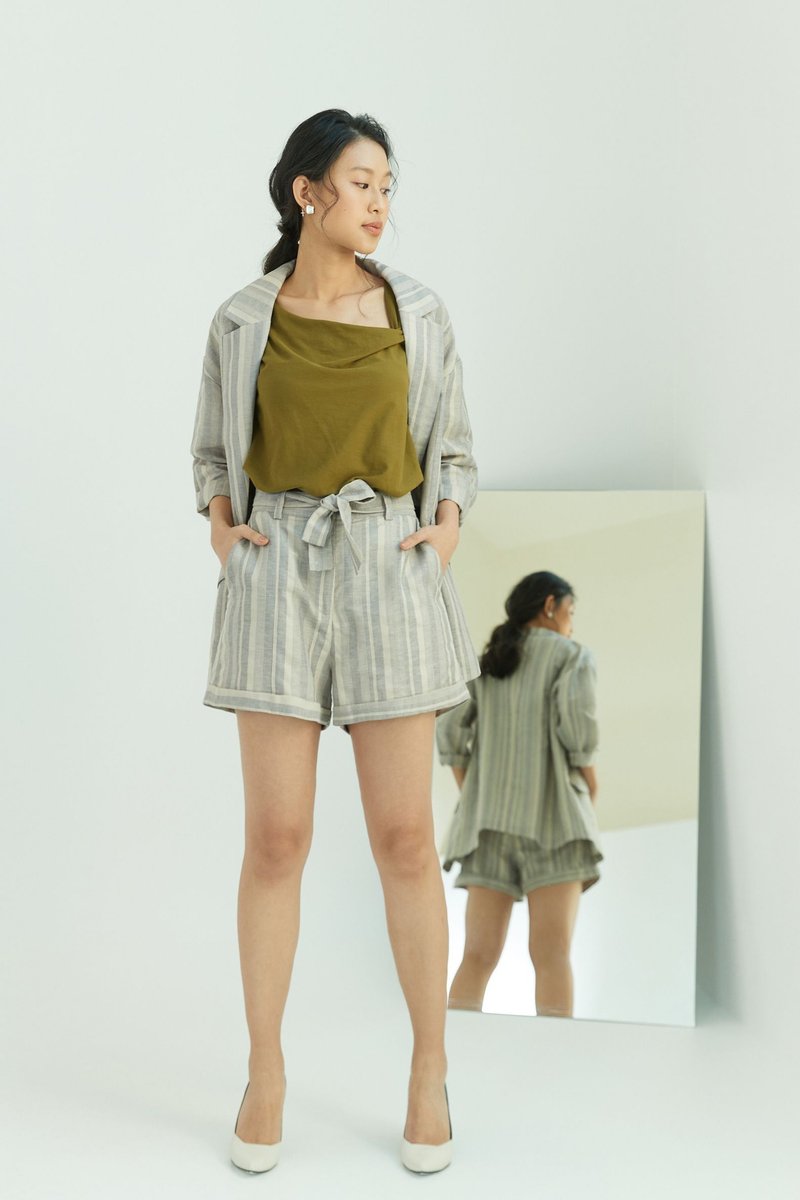 Cuban linen striped shorts (Khaki) - Women's Shorts - Cotton & Hemp 