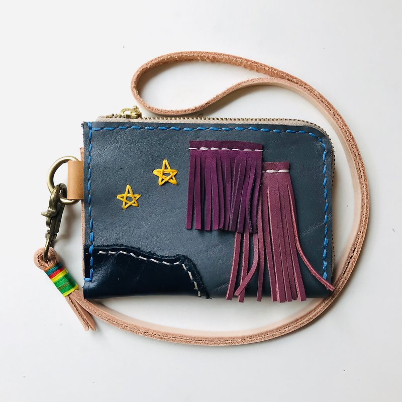 My fantasy of the starry sky L leather zipper bag Wan clutch bag sniffing leather hand-made - กระเป๋าสตางค์ - หนังแท้ สีม่วง