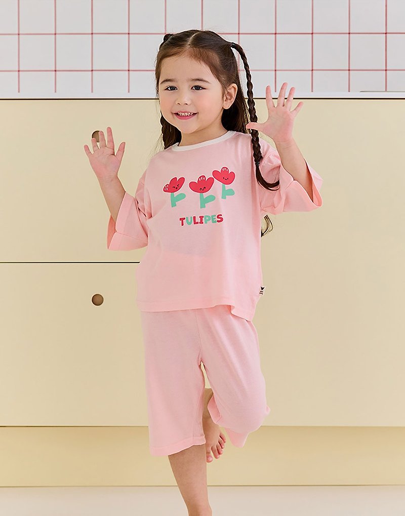 [New Product] [Loose Version] Peach Pink Garden Party Modal Cloud Clothing 2.0 Three Quarter Sleeves-K55207 - Tops & T-Shirts - Cotton & Hemp Pink