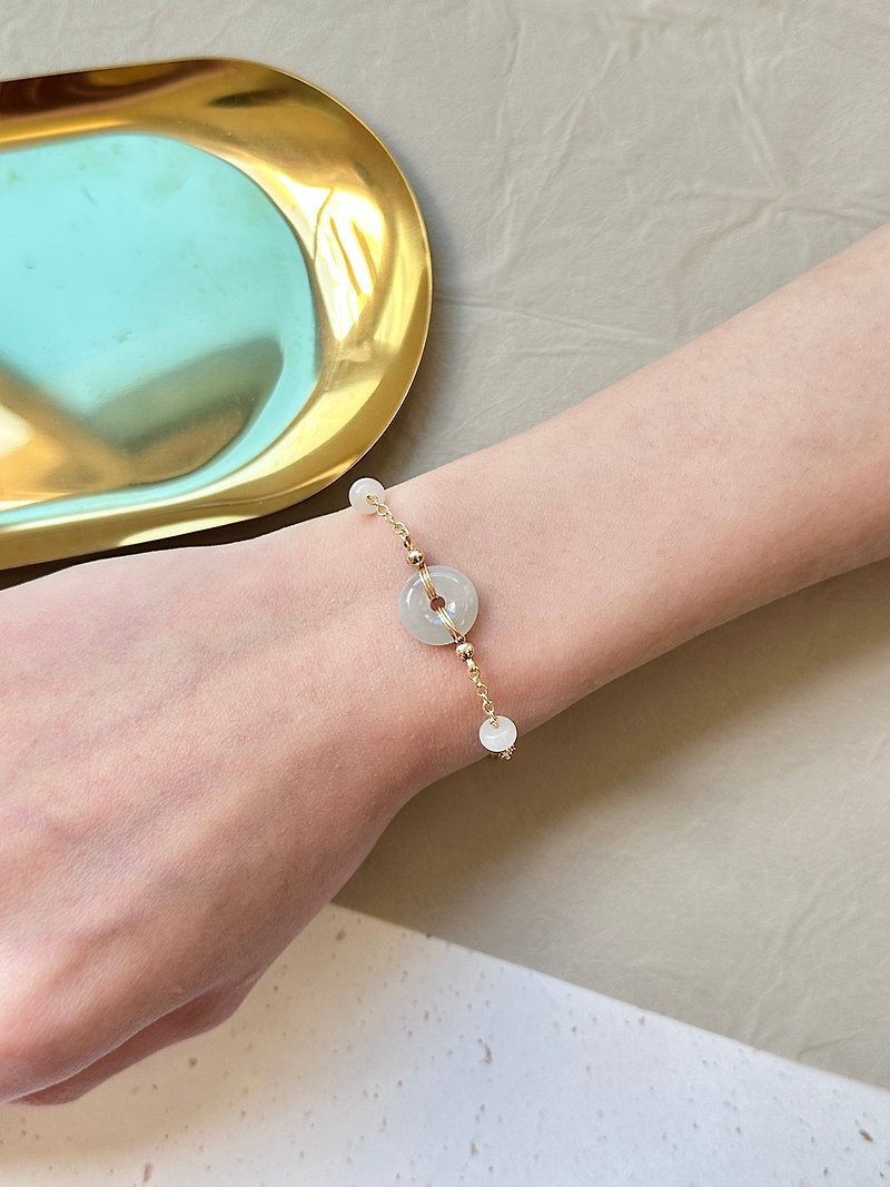 14K Gold-Padded Bracelet with Ice-White Emerald Ping An Buckle | Natural Burmese Emerald - สร้อยข้อมือ - หยก ขาว
