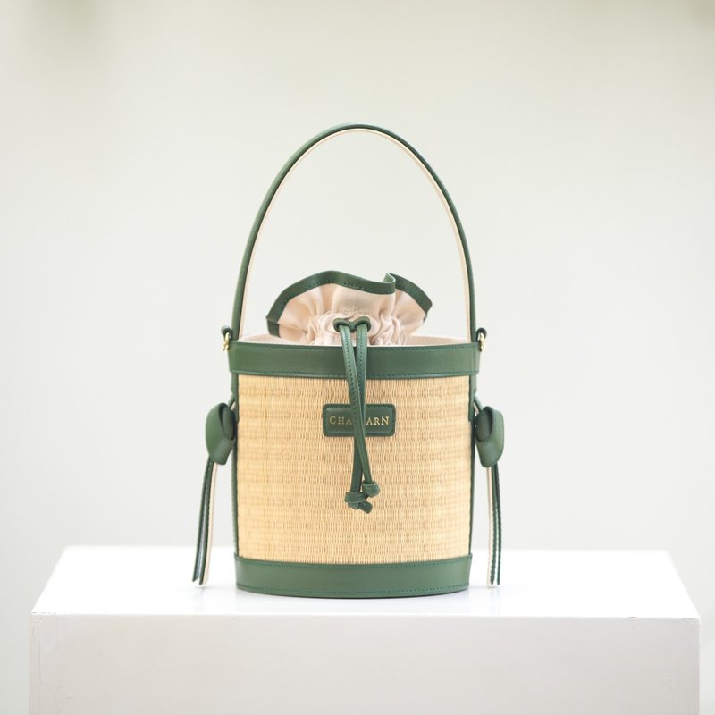 Chaksarn Mini Bucket: Natural Woven Straw with Green Genuine Cowhide Leather - Handbags & Totes - Genuine Leather Green