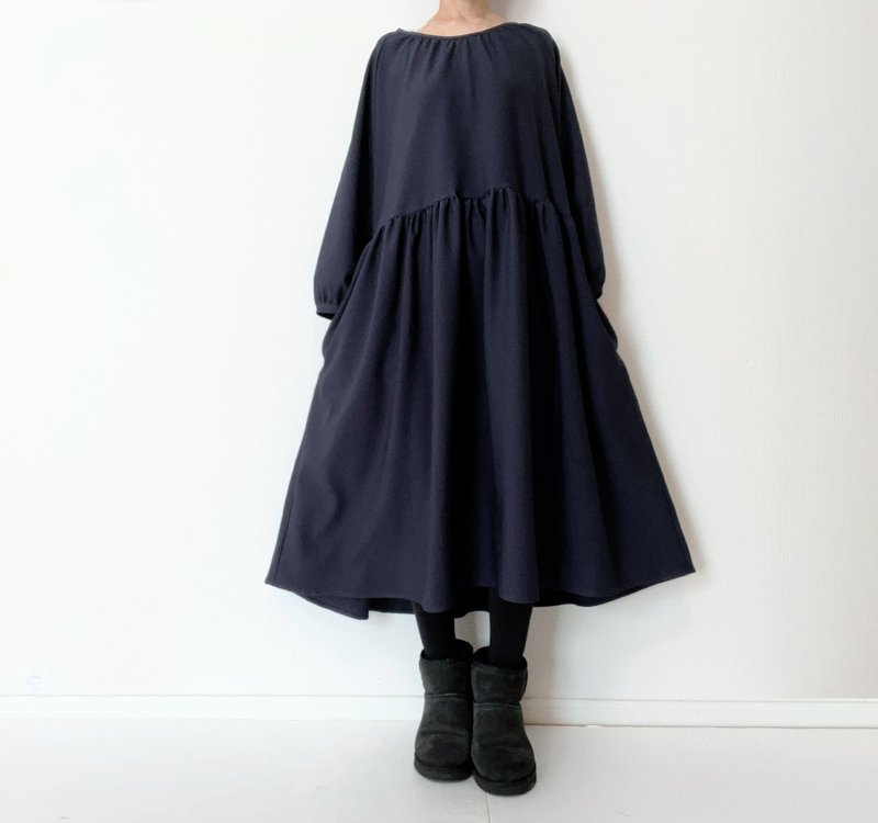 Simple pinstripe long-sleeve dress　Dark navy blue - One Piece Dresses - Cotton & Hemp Black