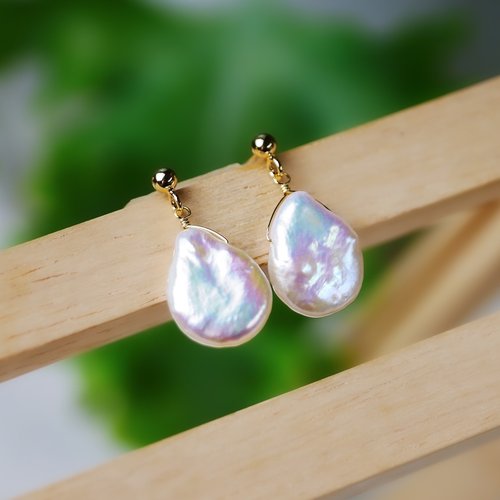一抹月光 Emoonstone 極光幻彩 天然淡水珍珠水滴耳環 14K
