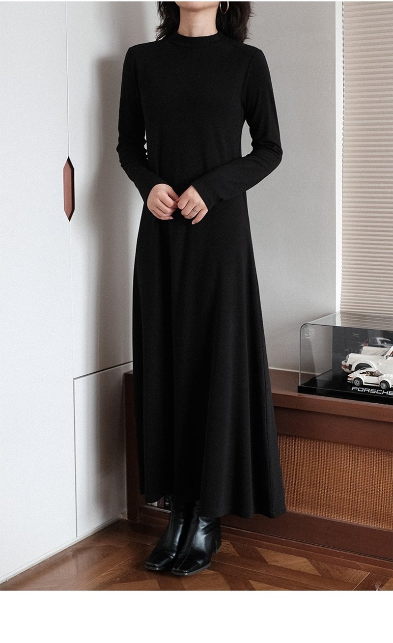 Extra long slim fit half turtleneck bottoming dress - One Piece Dresses - Polyester 