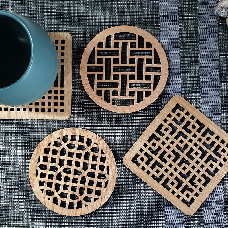 Korean traditional pattern coaster - susdaesal(oak) - Coasters - Wood Brown