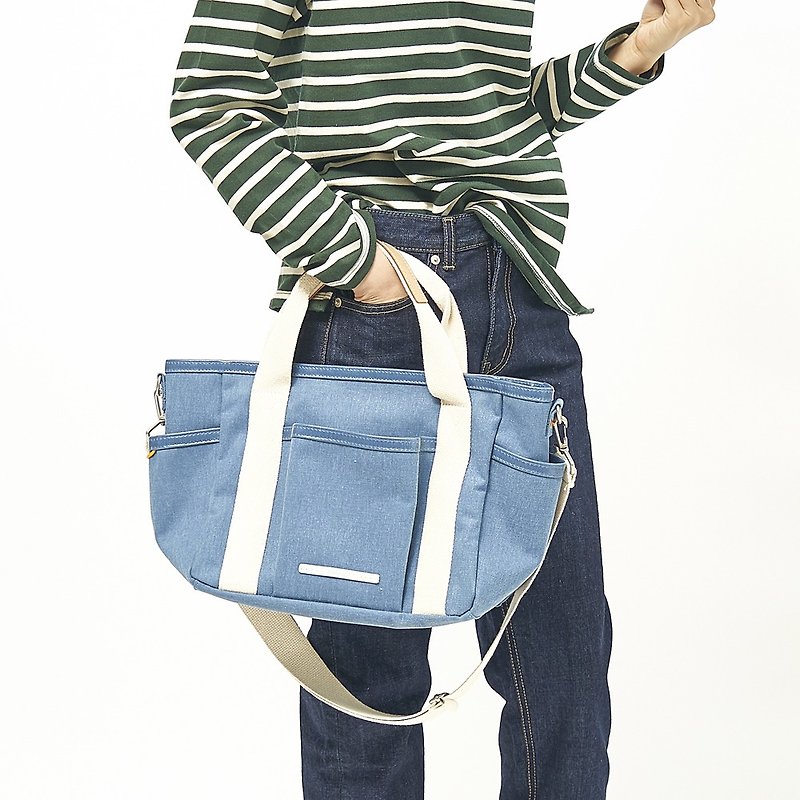 Park Series-Double-layer dual-use bag (portable/shoulder-medium-31x26cm)-indigo-RCR730IB - กระเป๋าถือ - ผ้าฝ้าย/ผ้าลินิน สีน้ำเงิน