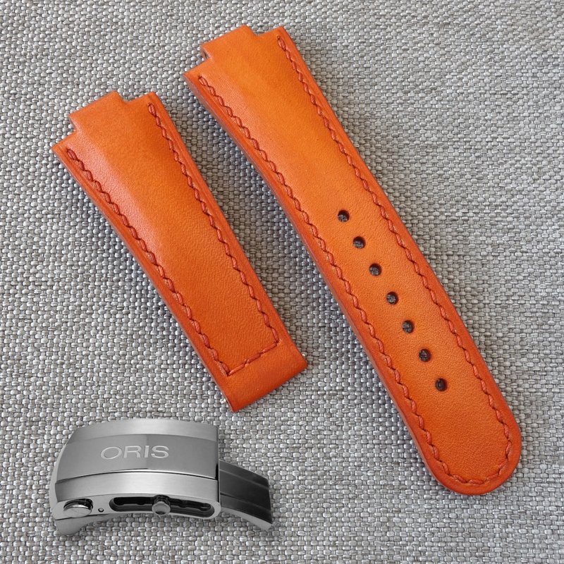 Orange Watch Strap for ORIS Aquis, genuine leather watchband - สายนาฬิกา - หนังแท้ สีส้ม