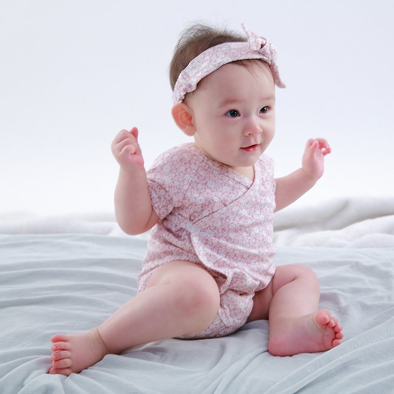 【Deux Filles有機棉】嬰兒短袖側開襟包屁衣/新生兒連身衣(粉花) - 嬰兒連身衣/包被/包巾 - 棉．麻 粉紅色