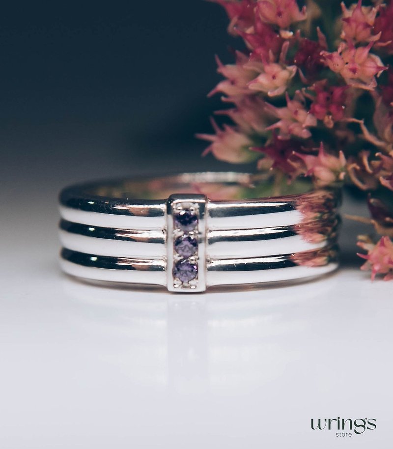 Three Amethysts Silver Wide Wedding Band Unisex Custom Multi Gemstones - General Rings - Sterling Silver Purple