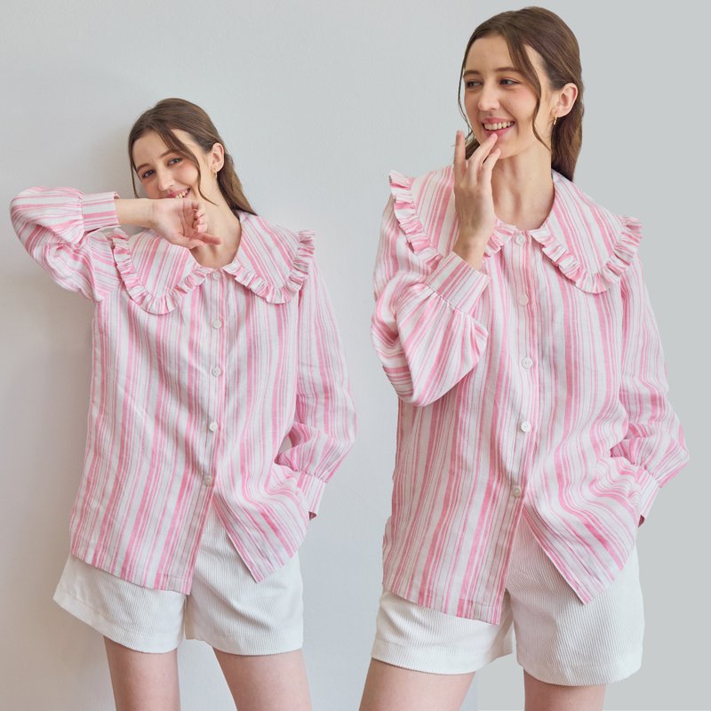 BIRUCHU Pink Stripe Premium Linen Big Collar Shirts : Linen , Long Sleeve - Women's Shirts - Linen Pink