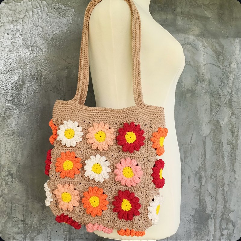 Granny Square flowers woven bag - 手提包/手提袋 - 棉．麻 