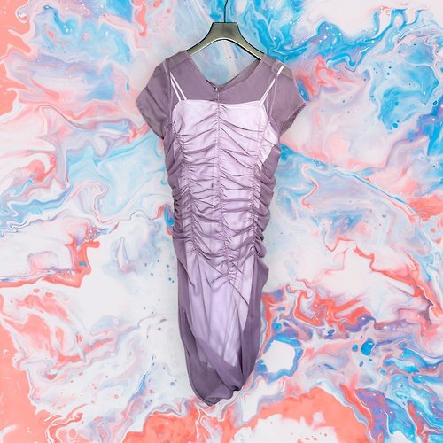 蘿綺莉蕾芭索 二手 紫白 假兩件 外薄紗抓皺 白彈性內裡 短袖 洋裝 G116