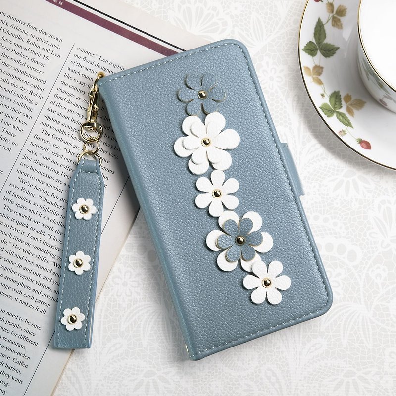 Aguchi iPhone 13/13Pro/13ProMax Flower Rivet Flower Phone Leather Case-Blue - Phone Cases - Faux Leather Blue