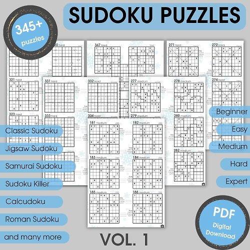 SudoKun Printable Sudoku Puzzles - Vol. 1 | More than 300 Puzzles | Instant Download PDF