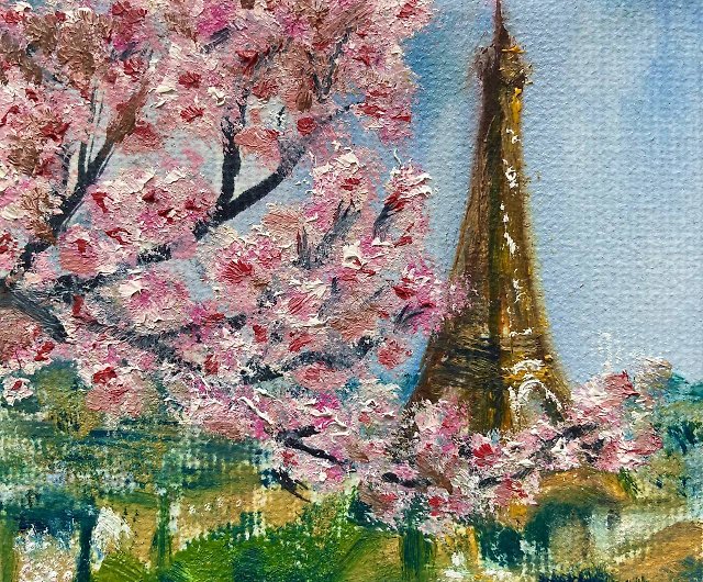 パリの春の小さな絵、ミニキャンバスの油絵、エッフェル塔アート 
