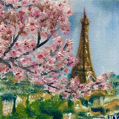 Yackunaite_Art Small Painting of Paris Spring, Oil Painting On Mini Canvas, Eiffel Tower Art