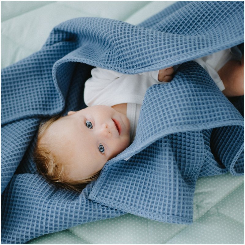 Blue Waffle Baby Swaddle - Bedding - Cotton & Hemp Blue