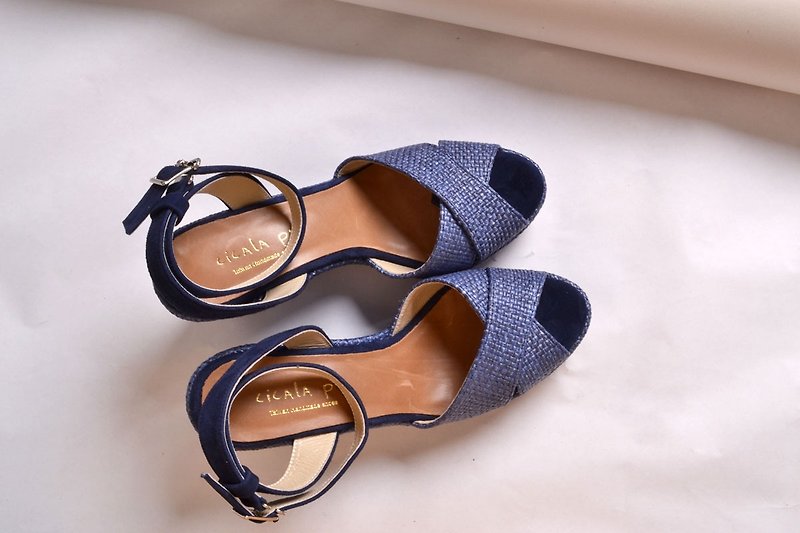Wedge high-heeled sandals blue braid - รองเท้ารัดส้น - หนังแท้ 