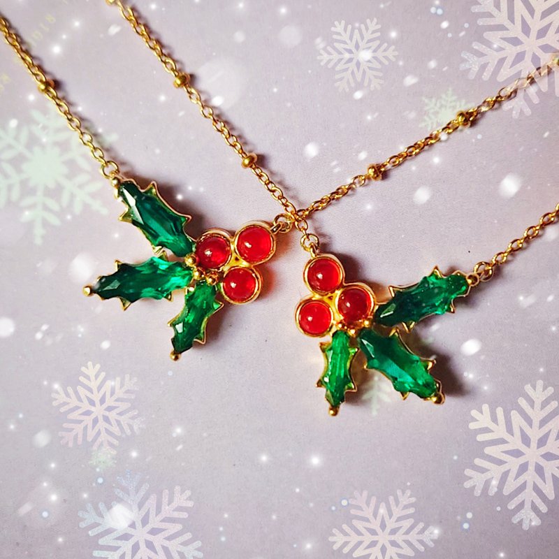 Christmas Mistletoe Crystal 18K Yellow Gold Plated Silver Necklace - สร้อยคอ - เครื่องประดับพลอย สีเขียว