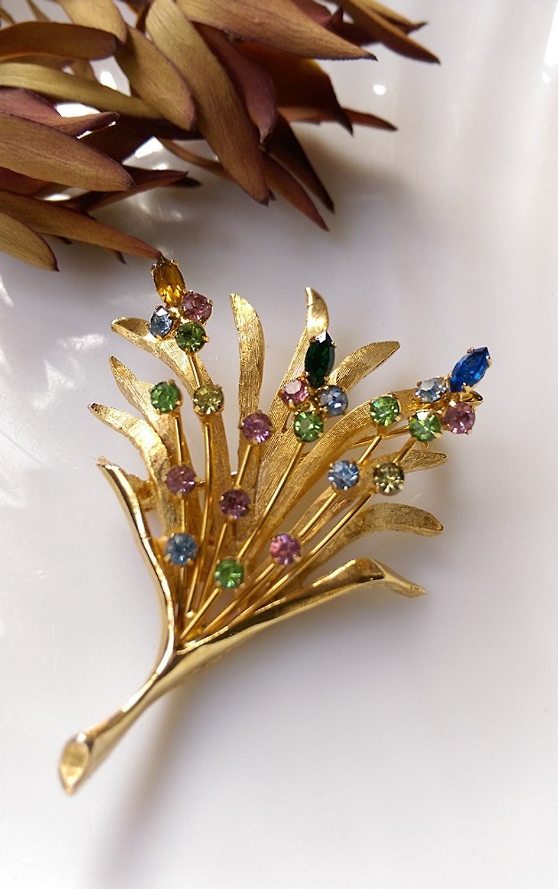 [Western antique jewelry / old age] KRAMER rhinestone flower pin - เข็มกลัด/พิน - โลหะ หลากหลายสี
